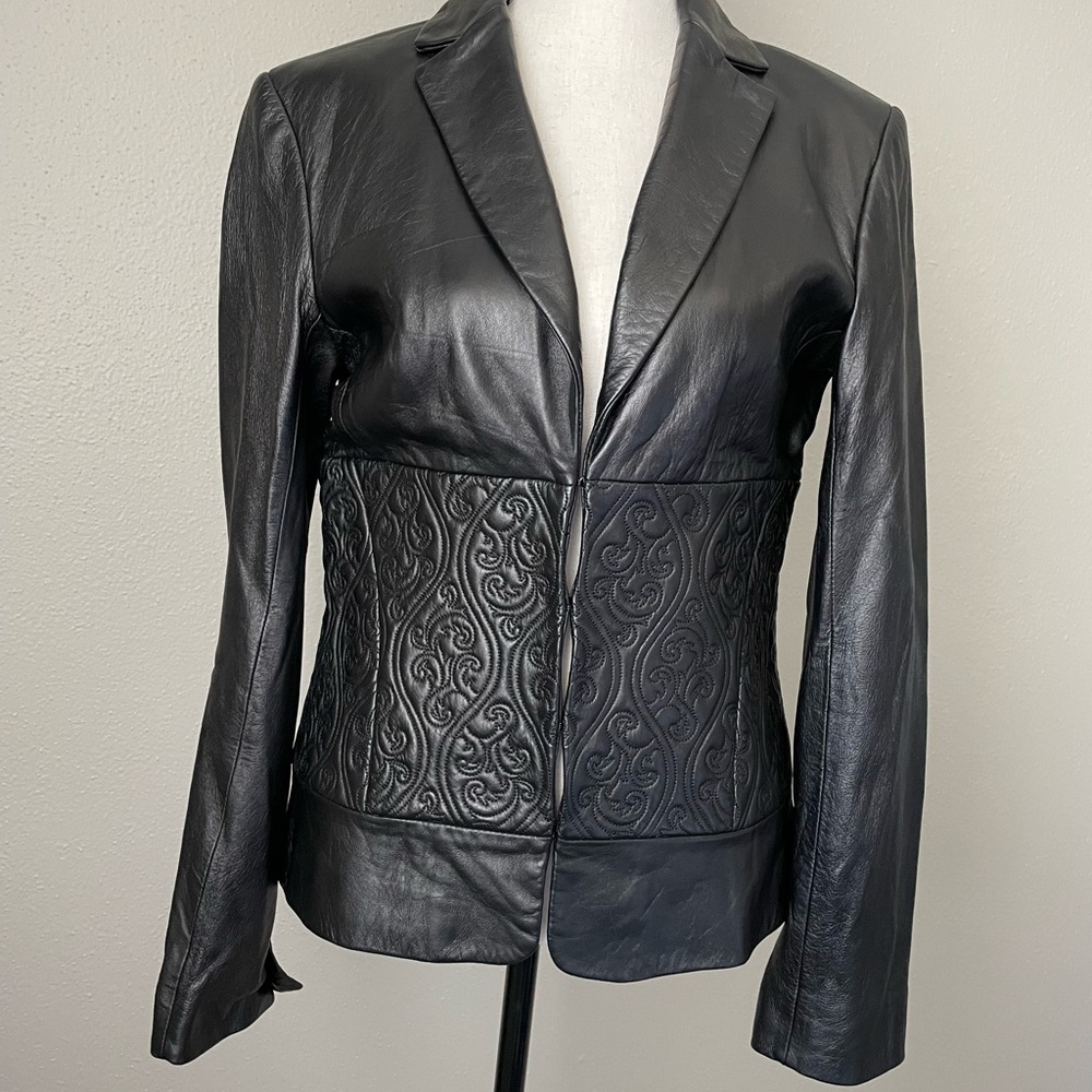 BCBG Maxazria Gorgeous Black Leather Jacket Embroidered Size 4